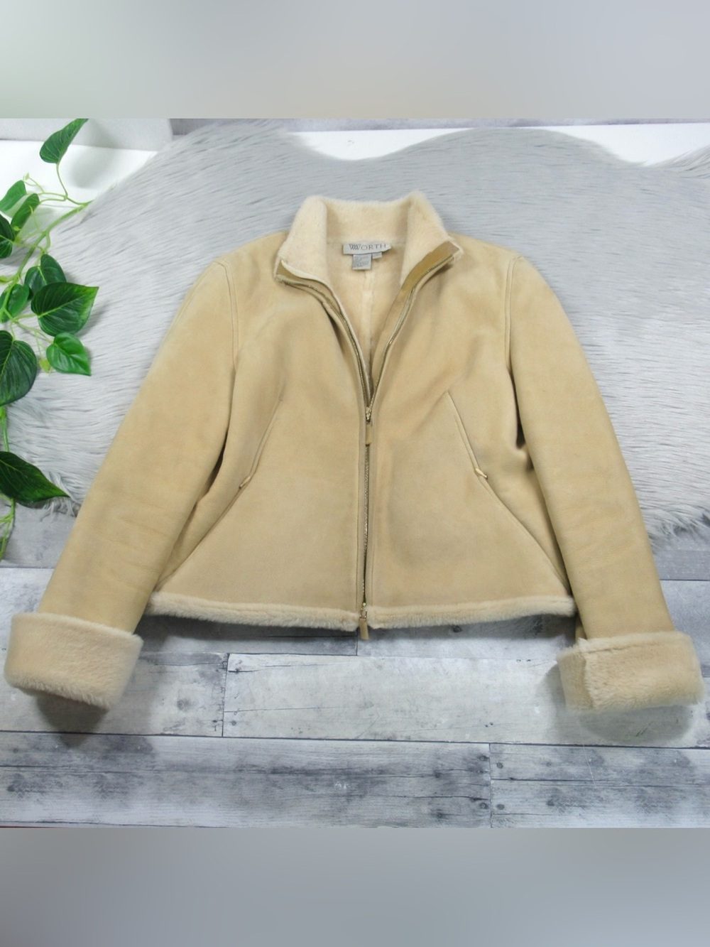 Worth Tan/Beige Suede Genuine Leather Faux Fur Lined Shearling Jacket - Size 4